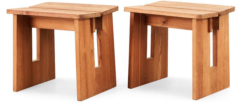 A pair of Axel Einar Hjorth stained pine 'Lovö' stools, Nordiska Kompaniet, 1930's.
