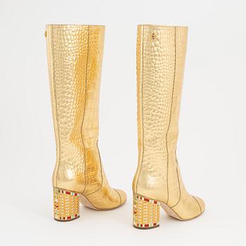 Chanel, a pair of Crocodile Embossed Metallic Calfskin Gold High Boots, size 37C.
