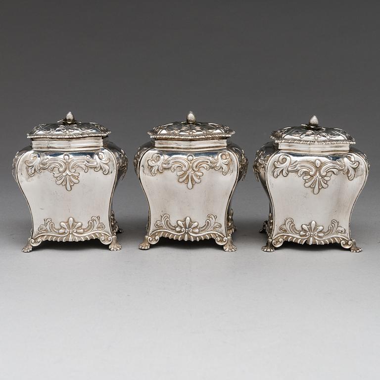 A set of George III sterling silver tea caddies, maker's marks of Thomas Bumfriss & Orlando Jackson London 1766.