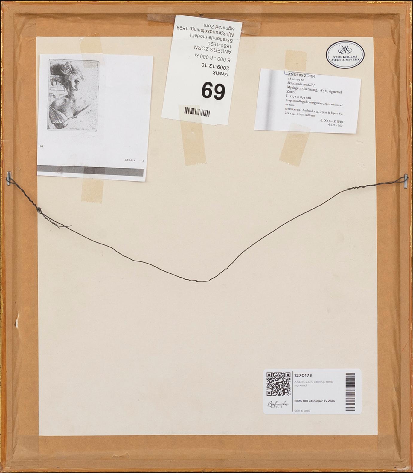 Anders Zorn, etsning, 1898, signerad.