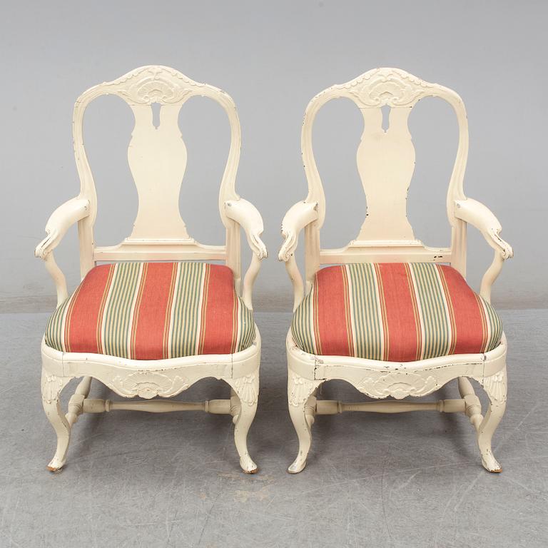 A pair of Swedish Rococo armchairs, second half of the 18th century.