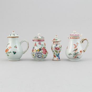 Three famille rose jugs with covers and a vase, Qing dynasty, Qianlong (1736-95).