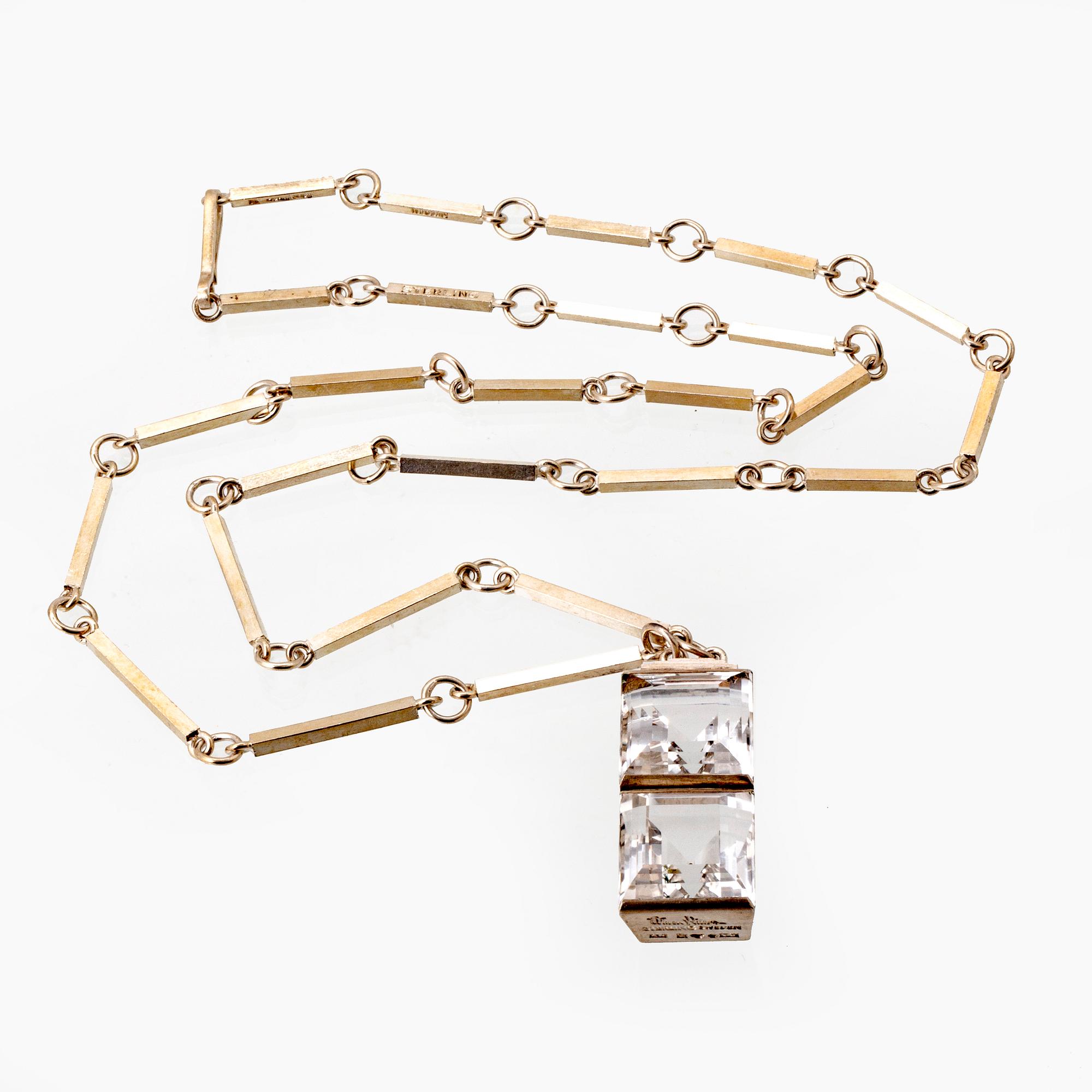 Wiwen Nilsson, pendant on chain, sterling silver, two rock crystal sapprox 15 x 15 mm each, Lund 1945.