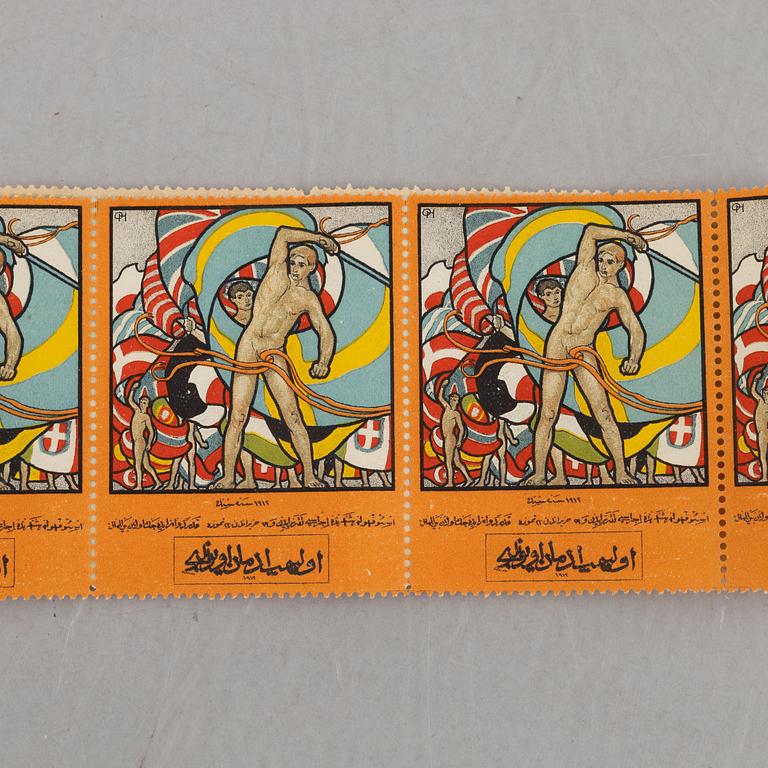 Olle Hjortzberg, efter, samling frimärken/brevmärken, ca 180 st, Olympiska Spelen Stockholm 1912.