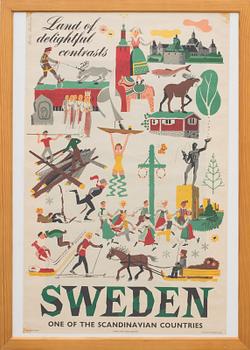 AFFISCH, "Land of delightful contrasts- Sweden one of the Scandinavian countries", 1900-talets mitt.