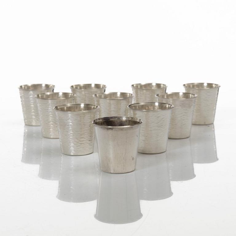 Ten small sterling silver beakers, marks of company Terrs i Wexiö AB, Växjö 1973-1976.