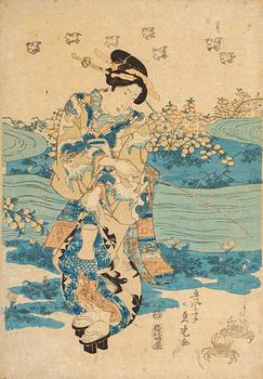 KITAGAWA UTAMARO, samt KATSUKAWA SHUNSHO, efter. Färgträsnitt, två stycken. Japan, sent 1800-tal/tidigt 1900-tal.