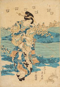 KITAGAWA UTAMARO, samt KATSUKAWA SHUNSHO, after, two color woodblock prints. Japan, late 19th/early 20th century.