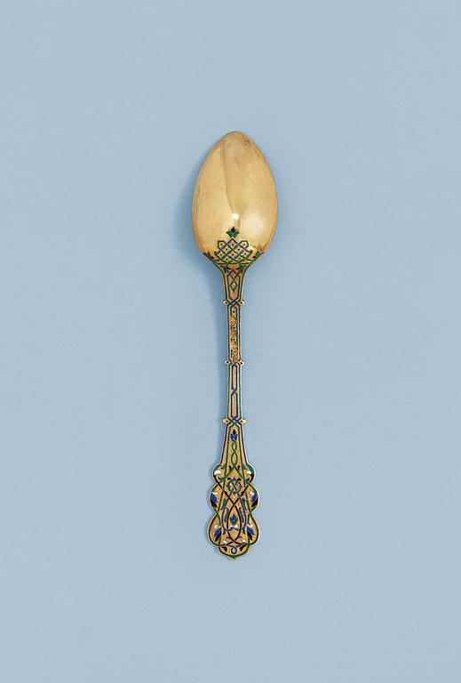 A RUSSIAN SILVER-GILT AND ENAMEL TEA-SPOON, un identified makers mark, Moscow 1880's.