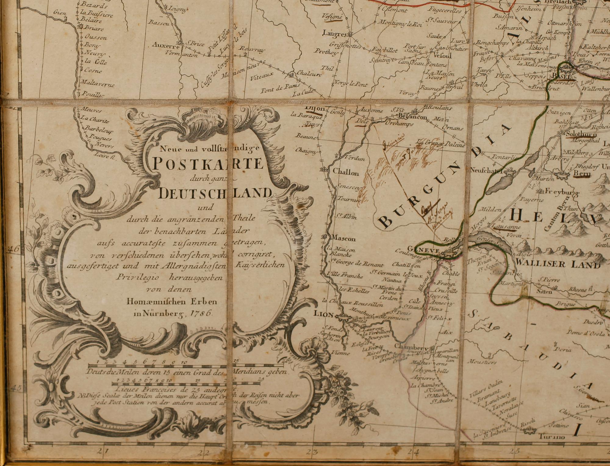 KARTA, kopparstick på duk, Postkarte durch ganze Deutschland, Nürnberg 1786.
