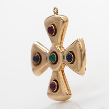 Hänge, kors, 14K guld med cabochonslipade safirer, rubiner och smaragd.