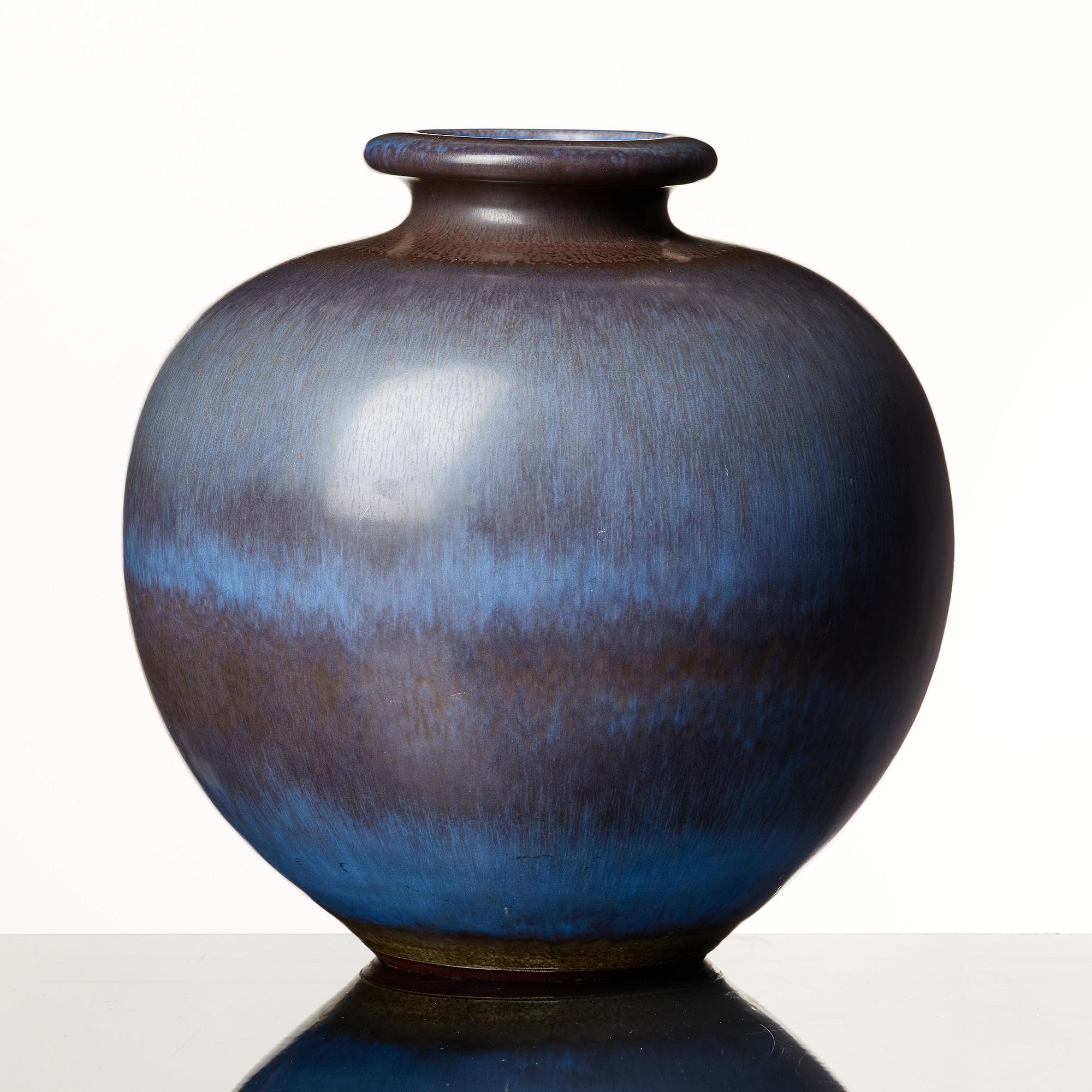 Berndt Friberg, a blue and brown 'rabbit's fur' stoneware vase, Gustavsberg studio, Sweden 1965.