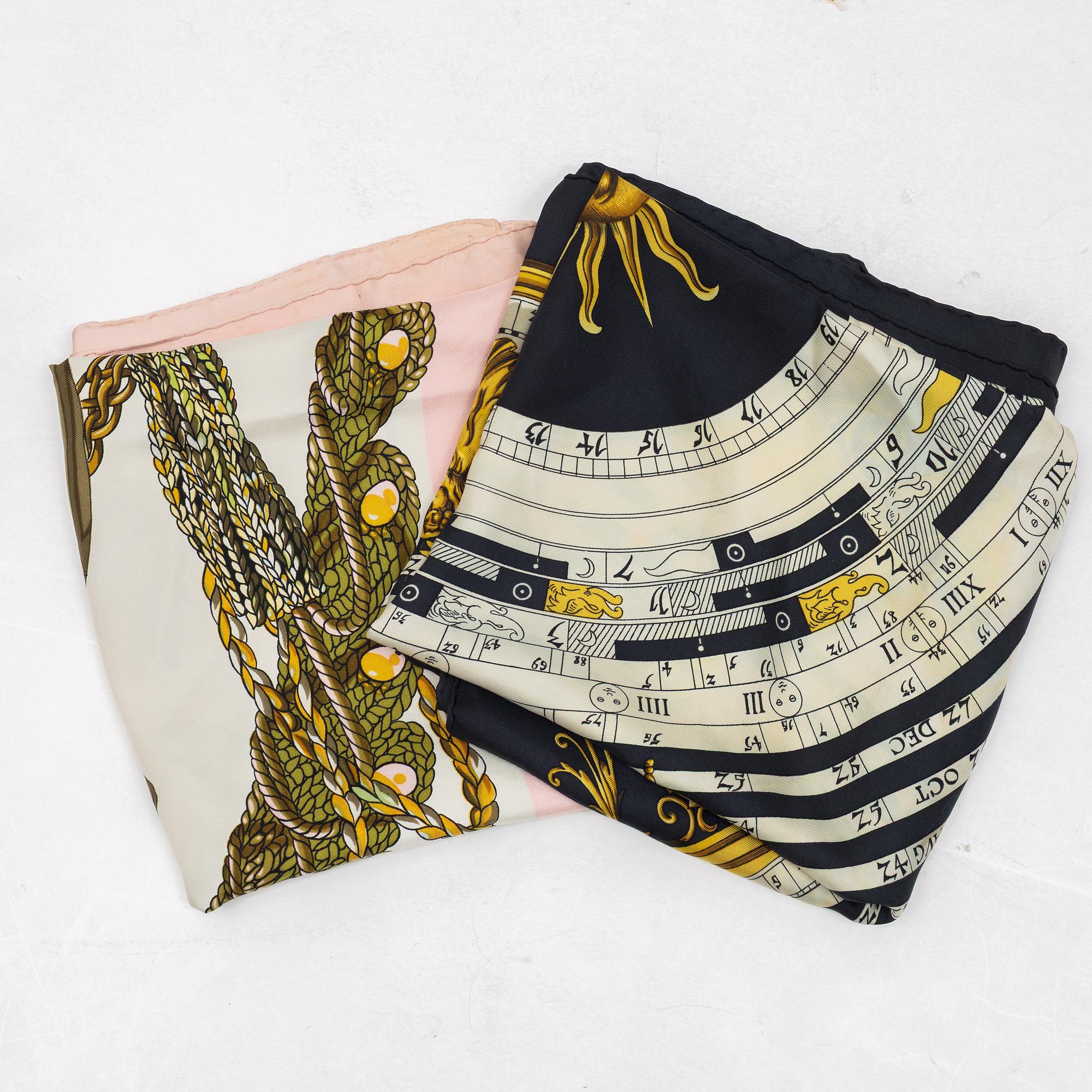 Hermès,  2 scarves, "Le Timbalier" & "Dies et Hore"/"Astrologie".