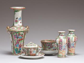 VASER, 3 st och KOPPAR med FAT, 2 st, porslin, Kanton, 1800/1900-tal.