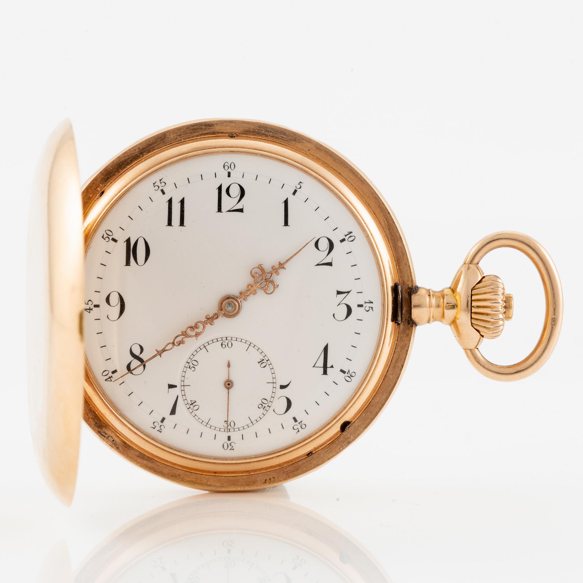 IWC, pocket watch, hunter, 14K gold, 52 mm.