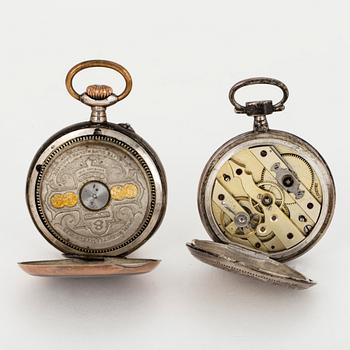 TWO POCKET WATCHES WITH STANDS.
