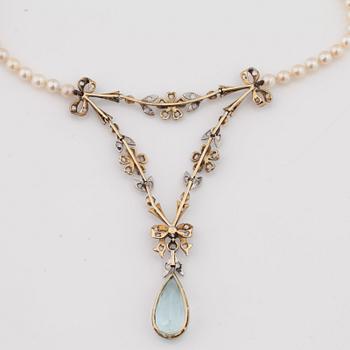 A circa 6.00 ct aquamarine, rose cut diamond and pearl necklace.