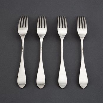 Four silver forks with von Eckermann crest, mark of Gustaf Möllenborg, Stockholm 1912.