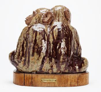 A Michael Schilkin stoneware sculpture of two monkeys, Arabia, Finland.