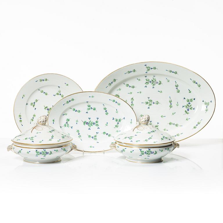 Five pieces of an Angoulême sprig pattern porcelain service, Pillivuyt & Cie, France, around 1900.