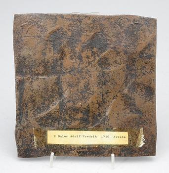 PLÅTMYNT, koppar, 2 daler silvermynt, Adolf Fredrik av Sverige, 1756.