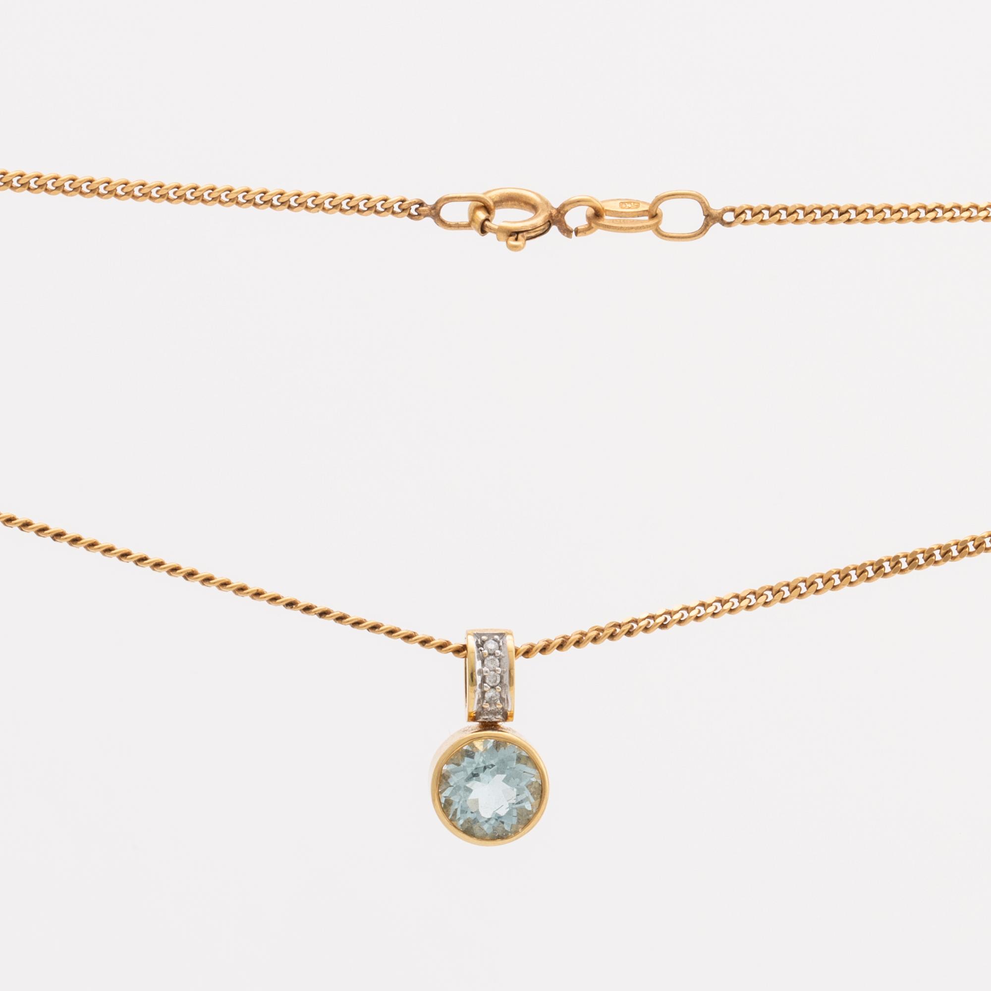 2 rings and 1 pendant 18K gold, brilliant-cut diamonds and 1 aquamarine ca 7 mm, chain metal.