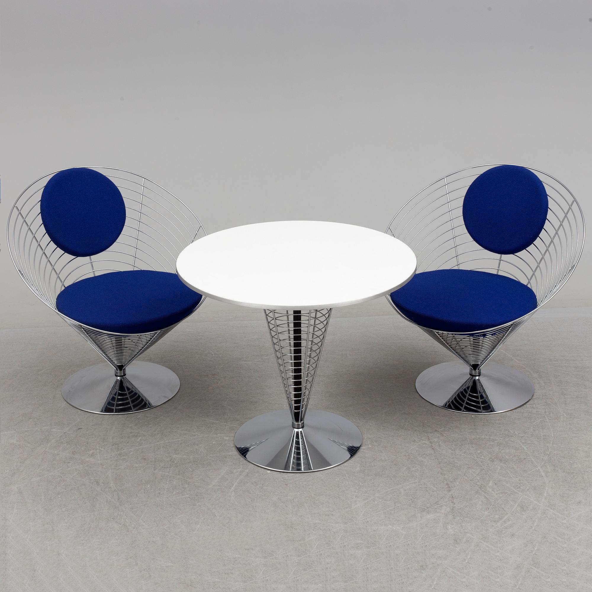 VERNER PANTON, PHILIPPE STARCK,  a set of two "Wire Cone" chairs and a table Fritz Hansen, late 20th century.