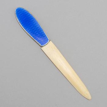 A Russian 20th century silver and translucent enamel paper knife, unidentified makers mark, Moscow 1908-1917.