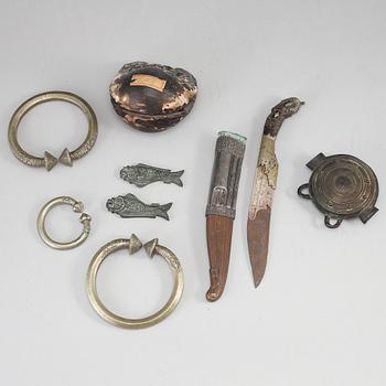 A group of decorative objects, wood and metal, circa 1900.