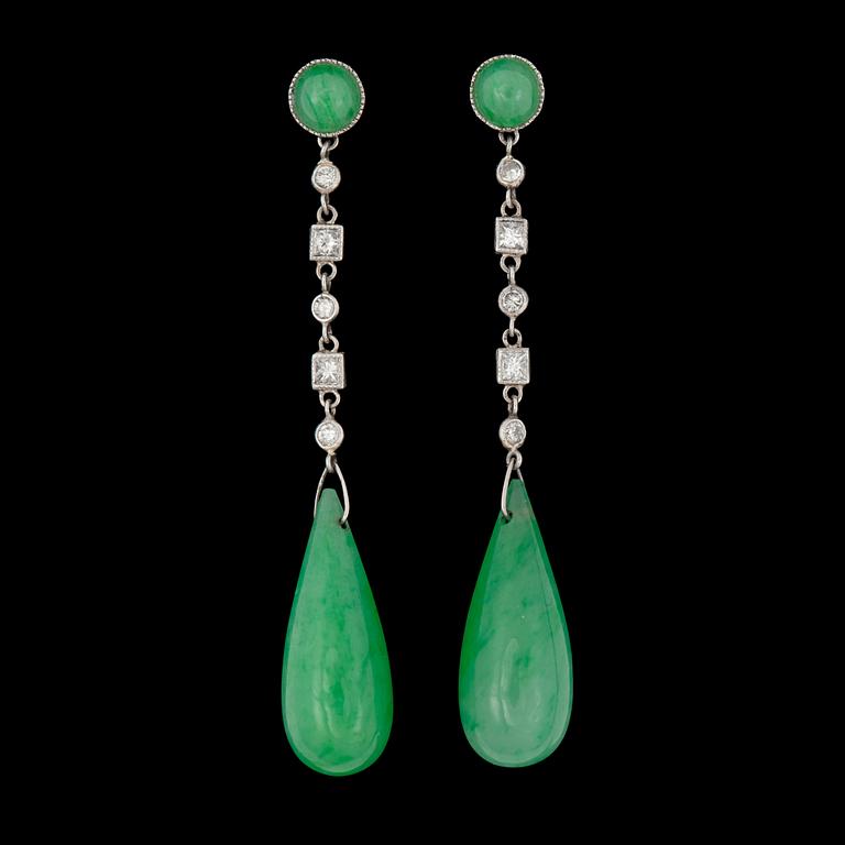 A pair of untreated jadeite, and diamond circa 0.30 ct, earrings. Certificate on jade.