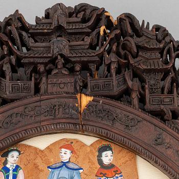 Kinesisk konstnär, 12 små porträtt med skulpterad samtida ram, Canton, sen Qing dynasti.