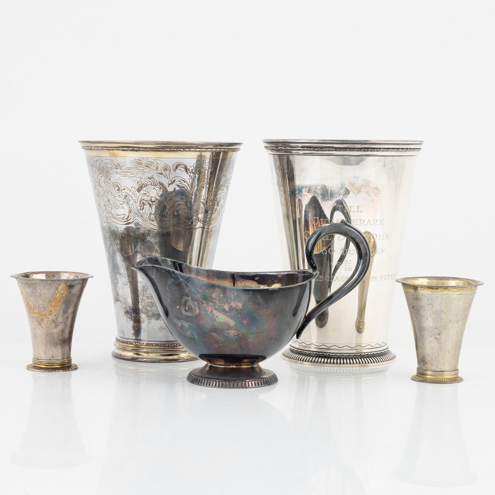 Five silver items, including beaker by Herman Hermansson, Marstrand, Sweden, 1796.