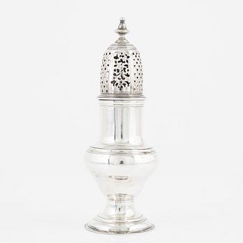 An English silver sugar shaker, marks of Benjamin Mordecai, London 1781.