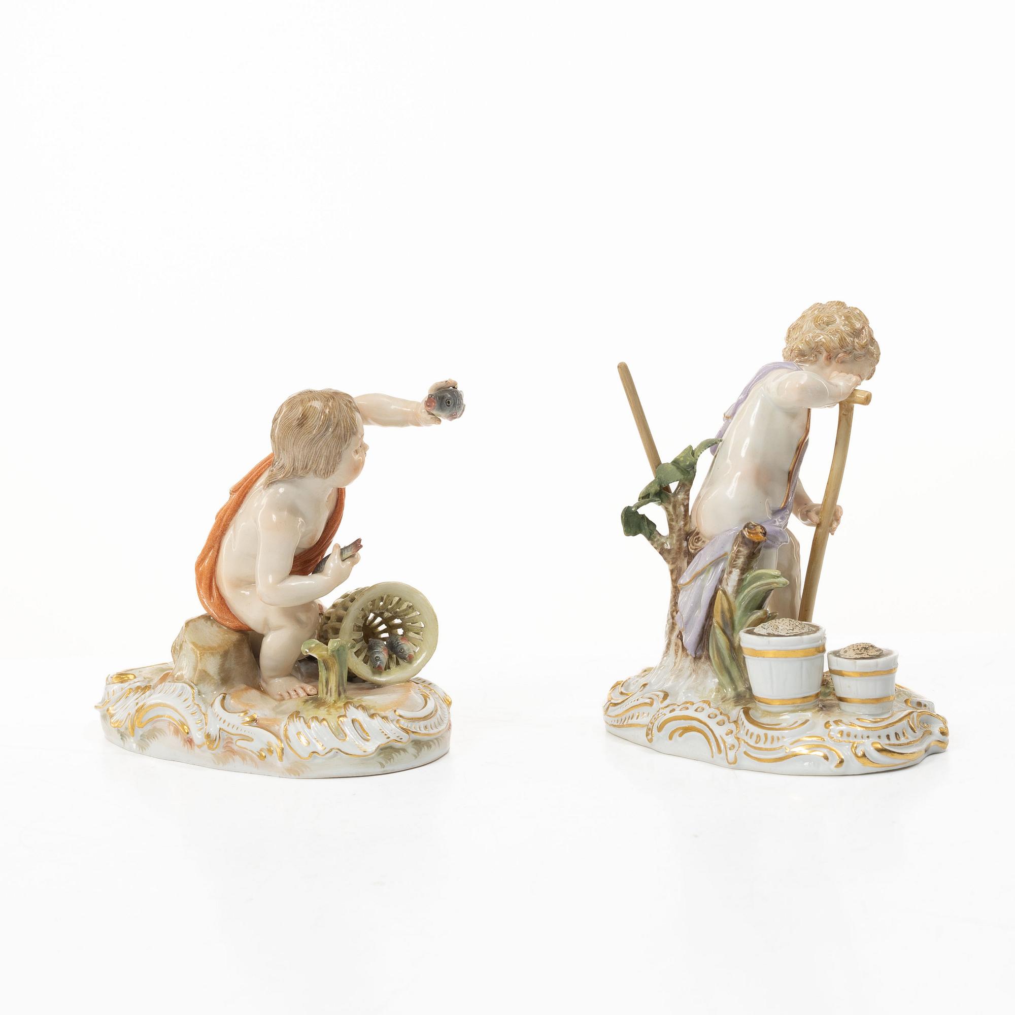Meissen, Two porcelain figurines, allegories of earth and water, circa 1900.