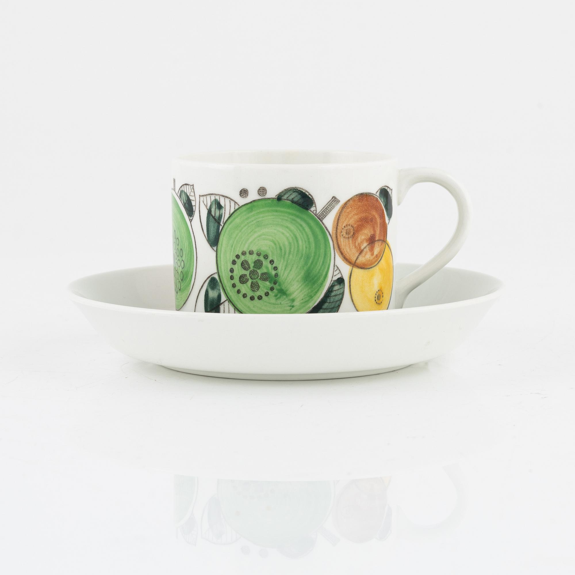 Hertha Bengtson, two 'Fructus' coffee cups with saucer, Rörstrand.