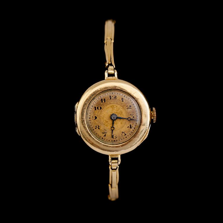 DAMARMBANDSUR, 18 k guld med armband, 20 k guld, 1900-talets första hälft. Total vikt med urverk ca 13 gram.