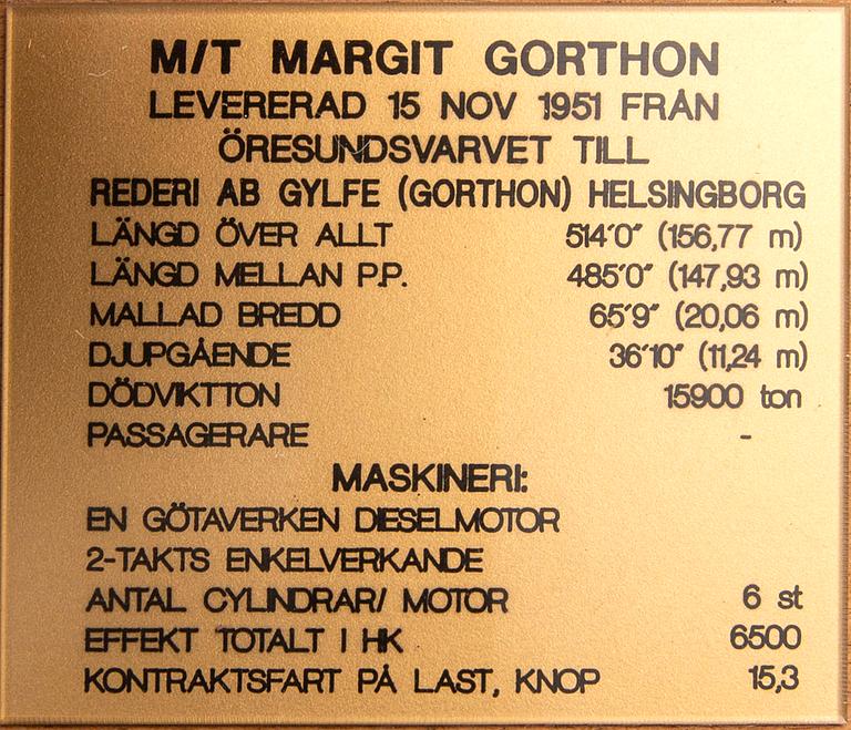 A ship model, M/T Margit Gorthon, launched 1951.