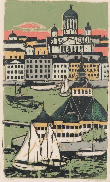 Voitto Jalmari Vikainen, träsnitt, signerad och daterad -62, märkt T.p.Lá 6/10.