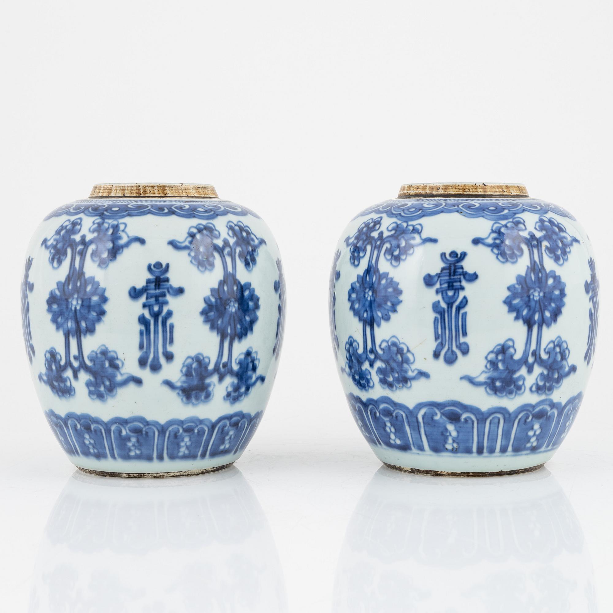 A pair of Chinese blue and white jars, Qing dynasty, 18th Century.