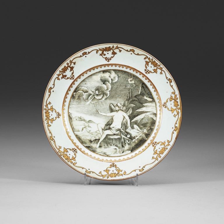 A 'European Subject' grisaille dinner plate with a mythological scene, Qing dynasty, Qianlong (1736-95).