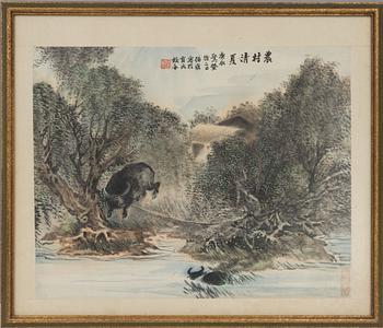 He Zhengxi (1873-1944), 'Landscape with Water Buffalos' and 'Landscape with Crane and Scholar'.