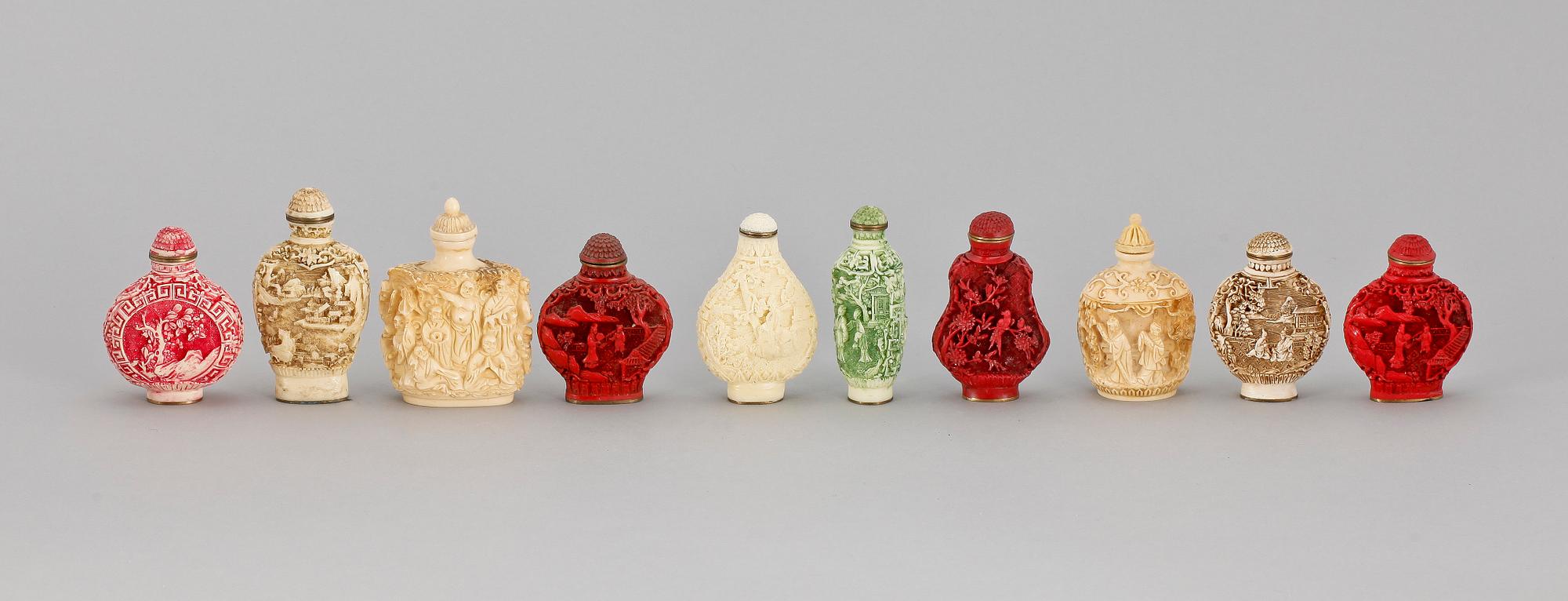SNUSFLASKOR, 10 st. Bl.a ben och lackarbeten. Orientaliska, 1900-tal.