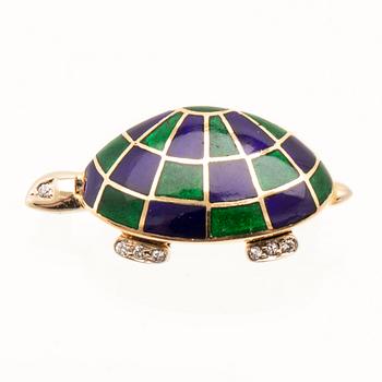 Brooch in 18K gold with enamel and round brilliant-cut diamonds.