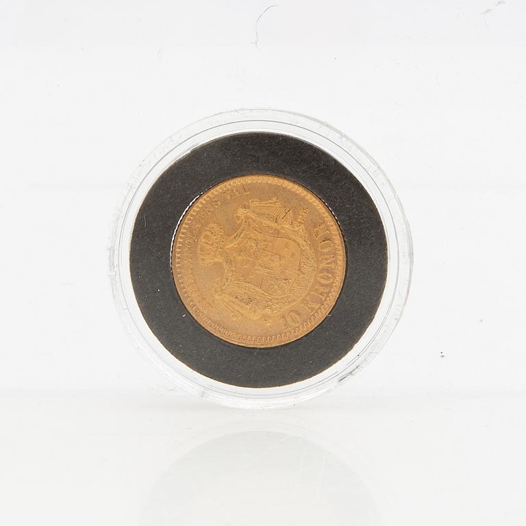 Guldmynt Sverige, Oscar II 10 kr, 1883, stort LA utan punkter.