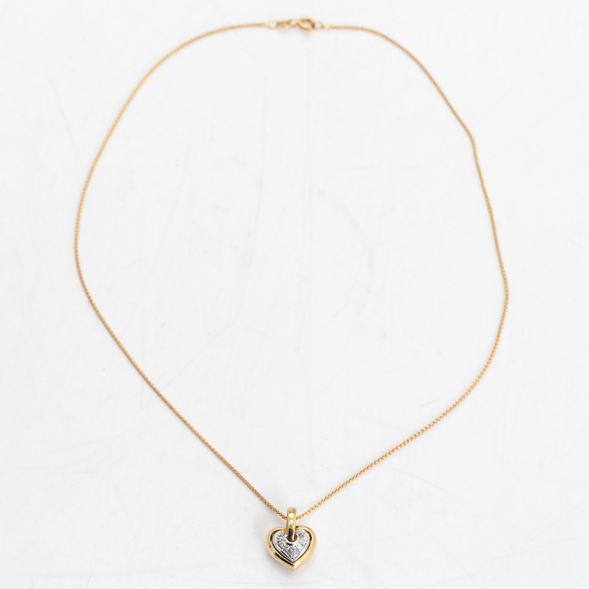 Halsband/hänge, hjärta, 18K guld med diamanter totalt ca 0.05 ct.