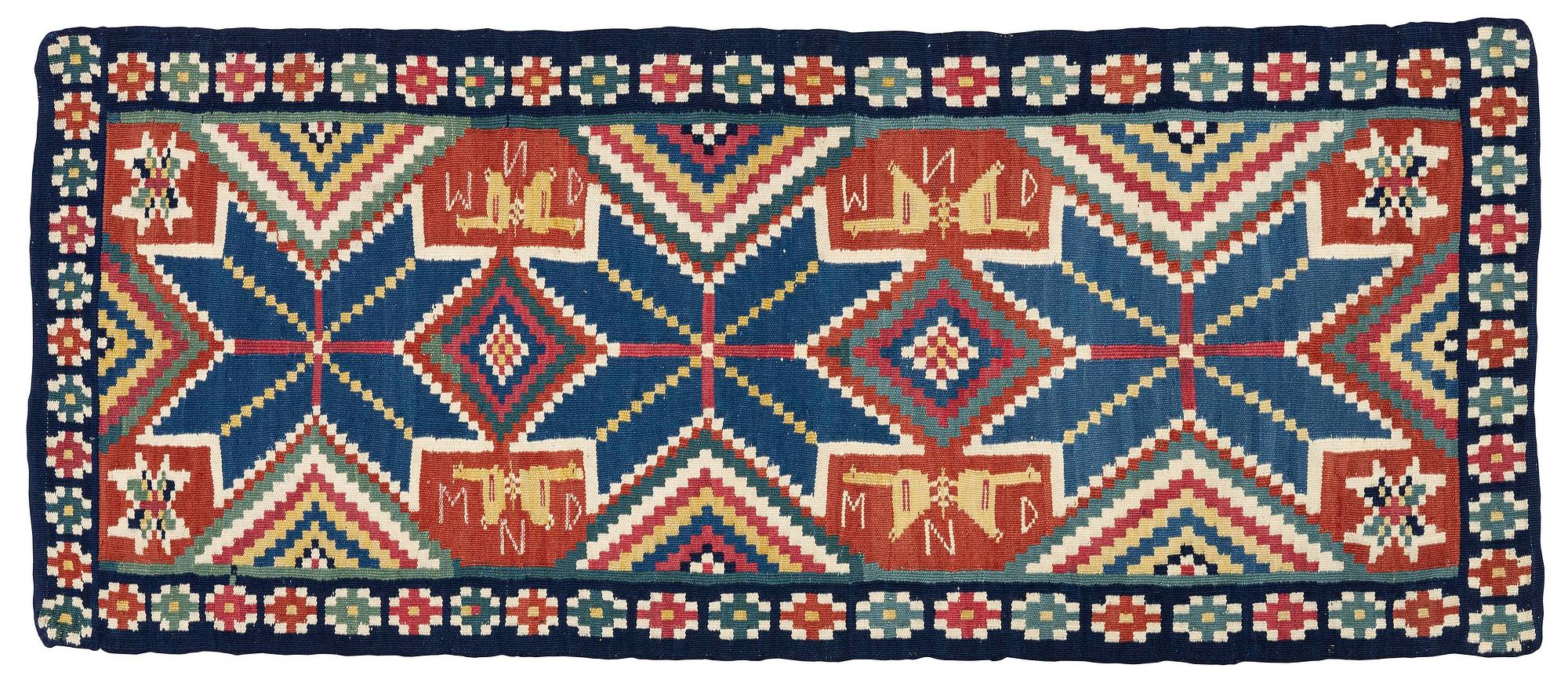 A flat weave carriage cushion, c. 116 x 48 cm, Färs district, Southwest Scania, Sweden, first part of the 19th century.