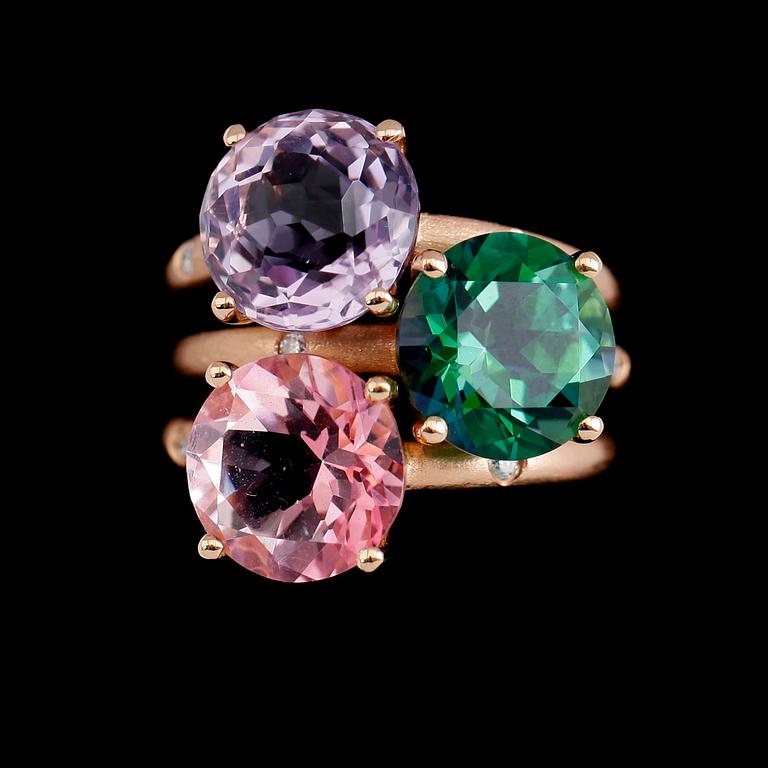 RINGAR,  3 st, 18 k roséguld, diamanter tot ca 0.10 ct, grön topas, ametist samt rosa kvarts.
