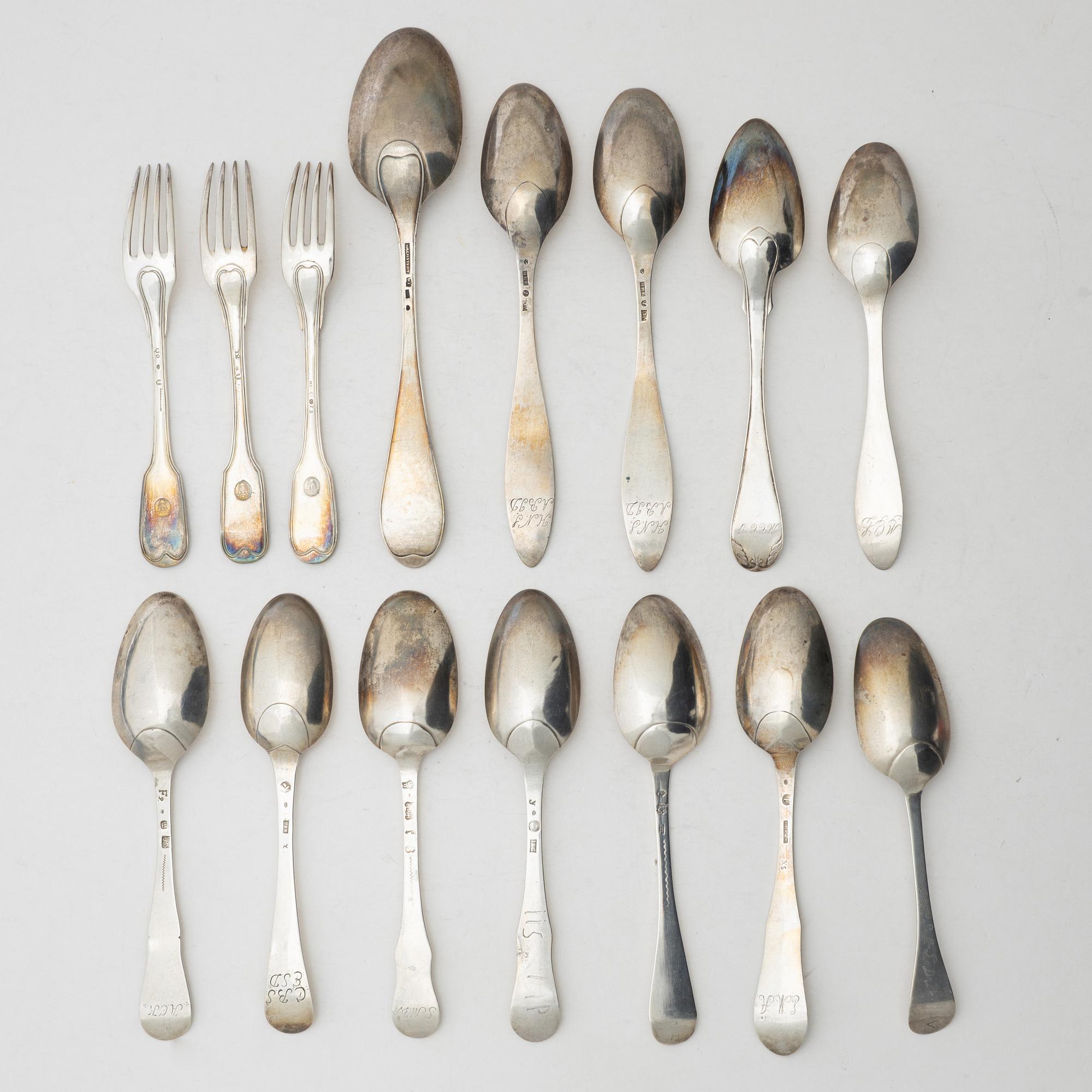 14 pieces of older silver spoons and forks, Sweden, 18th & 19th century.