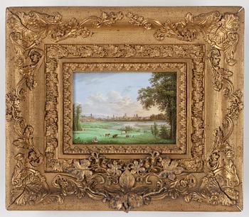 698. A finely painted porcelain plaque, Germany, first half of 19th Century. A view over München from the Oberföhring side.