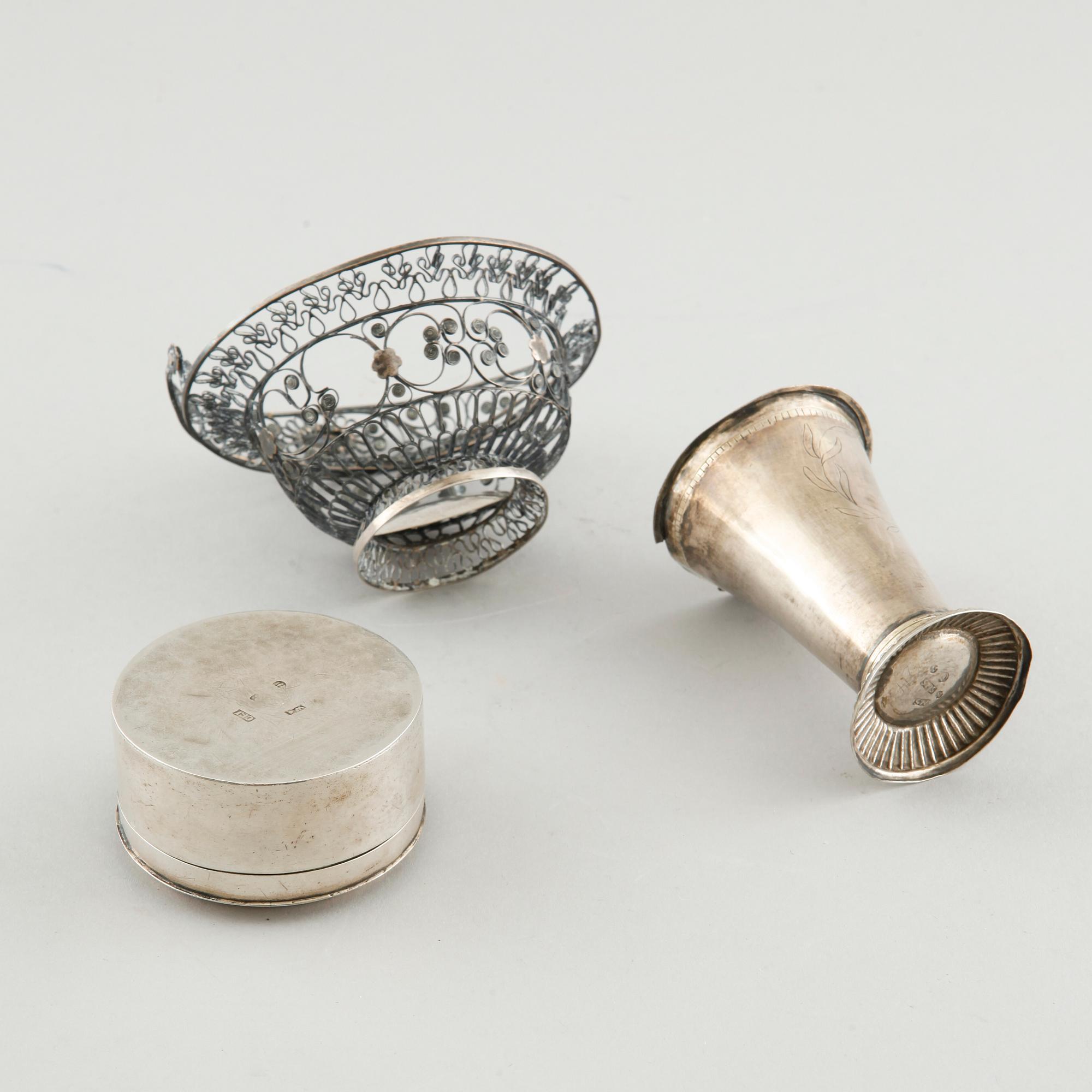 A silver box, a beaker and a basket, partly Sweden, 19th century.